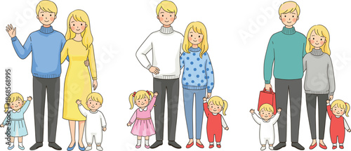 Happy family portrait illustration set featuring parents and children together showing love care bonding and everyday modern family life