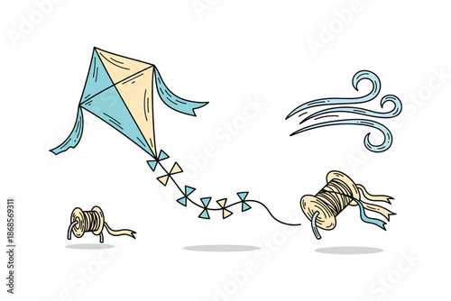 Colorful kite with strings and wind elements in minimalist design