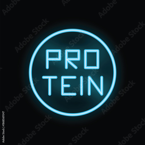 Blue neon sign showing the word protein, inside a circular frame, on a black background