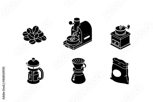 Coffee equipment and beans in isometric black silhouette on white background