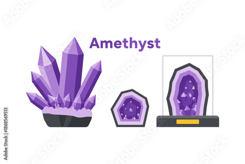 Amethyst crystals and geodes in flat design