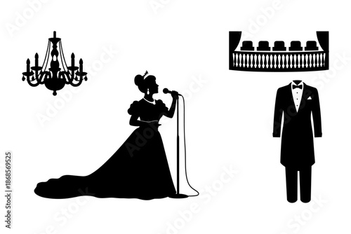 Elegant opera silhouette with singer, chandelier, and tuxedo