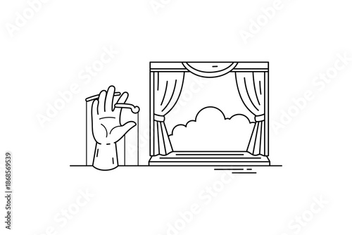 Linear drawing of a theater stage with open curtains and cloud background