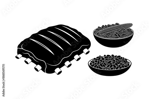 Black and white barbecue feast with ribs, corn, and beans