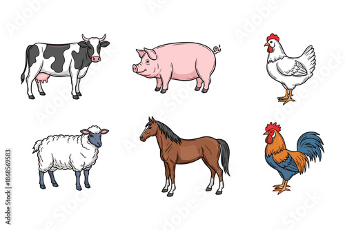 Farm animals set featuring cow, pig, chicken, sheep, horse, and rooster in cartoon style