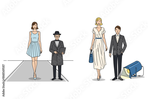 Fashion show models and photographer in elegant outfits on runway