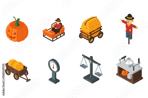 Isometric autumn festive icons: pumpkin, hayride, and harvest themed elements