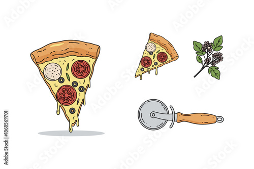 Hand drawn pizza slice with toppings, pizza cutter, and basil on white background