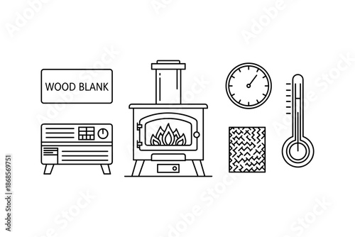 Cozy indoor heating elements with wood stove and thermometer in linear design