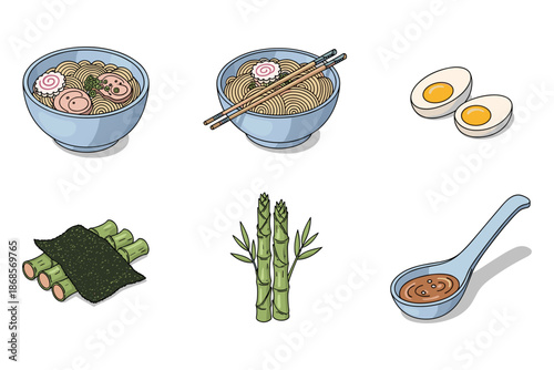 Delicious ramen set with toppings and ingredients in detailed flat design