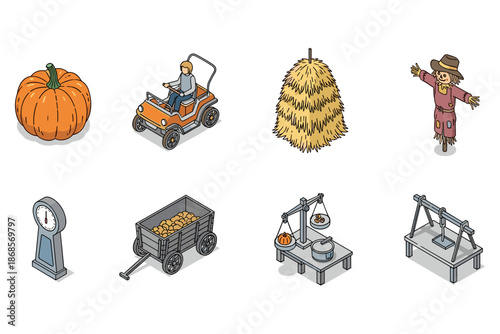 Autumn harvest objects: pumpkin, scarecrow, haystack, cart and more in isometric design