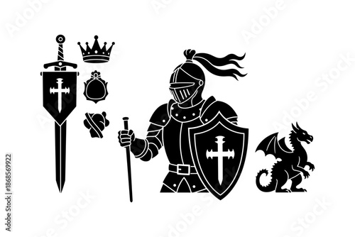 Knight silhouette with sword, shield, and dragon symbolizing medieval fantasy