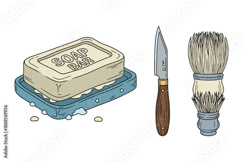 Vintage grooming tools with soap bar and shaving brush in hand-drawn style