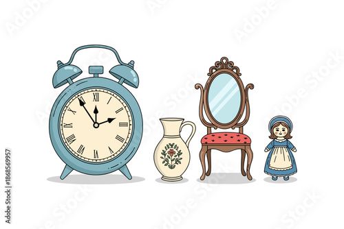 Vintage objects set with clock, mirror, vase, and doll in decorative style