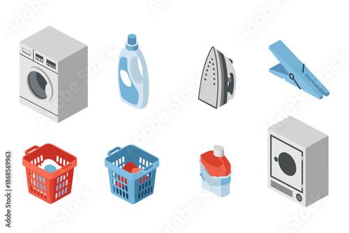 Isometric laundry equipment icons featuring washing machine and detergent