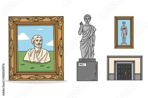 Classical art inspirations: bust, sculpture, and framed masterpiece in elegant museum setting