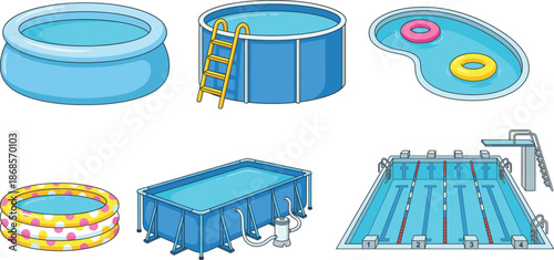 Swimming pool illustration set with inflatable pools ladder rings and competition pool design for summer recreation