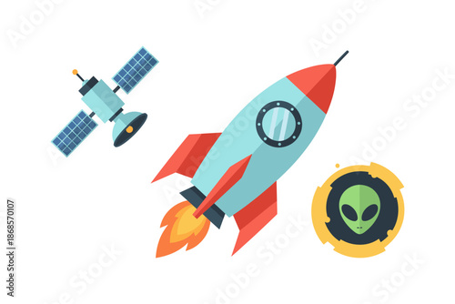 Retro space adventure with rocket, satellite, and alien icon
