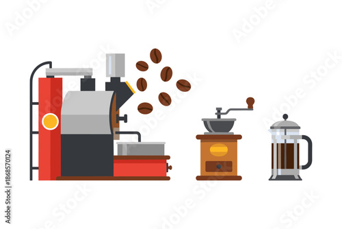 Coffee brewing essentials with grinder, roaster, and french press in flat design
