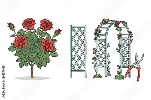 Rose garden elements with arbor, trellis, and shears in detailed cartoon style