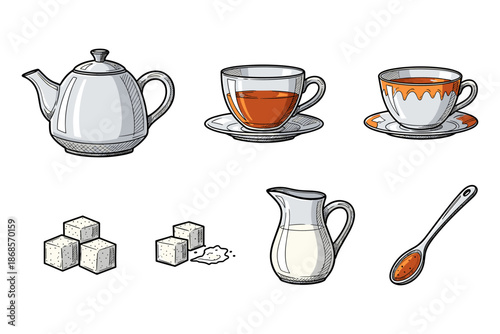 Tea time essentials: cups, teapot, sugar cubes, milk, spoon in detailed cartoon style