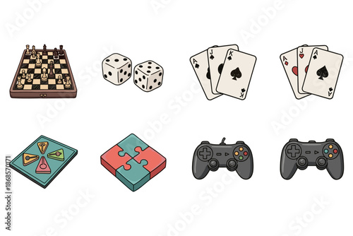 Variety of board and card games with consoles and dice icons in cartoon style