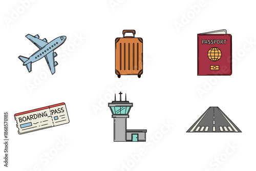 Travel essentials icons: airplane, luggage, passport, boarding pass, airport, runway