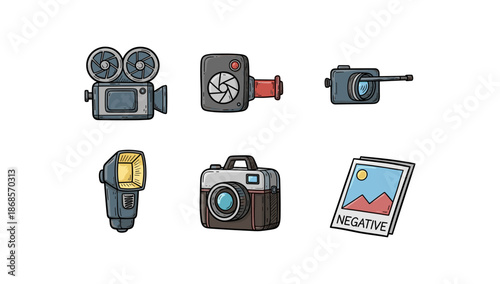 Vintage cameras collection showcasing classic film photography equipment in cartoon style