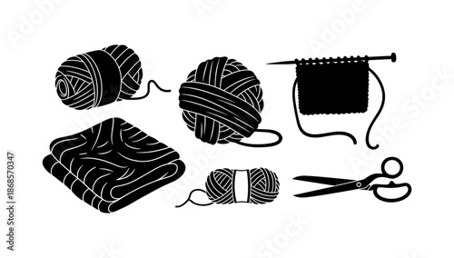 Black silhouette yarn balls with knitting tools and fabric elements