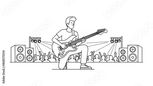Rock concert line art: guitarist on stage with crowd and lights