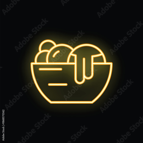 Neon food sign of a delicious ice cream sundae with whipped cream and cherry on top, served in a bowl