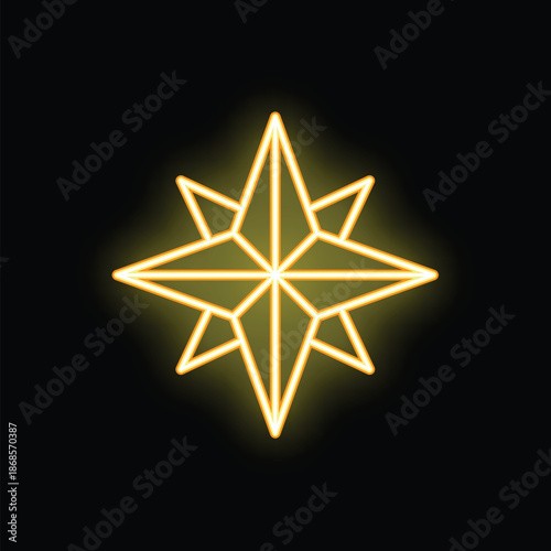 Bright yellow neon sign in the shape of an eight pointed star is glowing on a black background