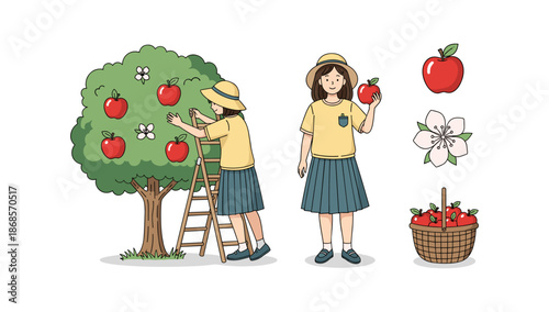 Children picking apples from tree in autumn for harvesting activity
