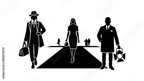 Stylish silhouette of business people walking with confidence on a city sidewalk