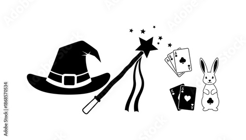 Magical elements silhouette with hat, wand, cards, and rabbit