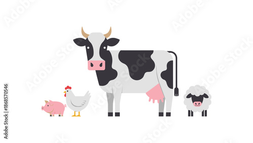 Farm animals in flat design: cow, chicken, pig, and sheep on white background