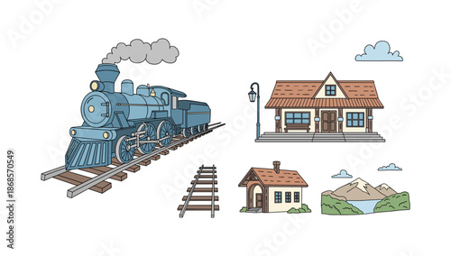 Vintage train and countryside elements in linear style