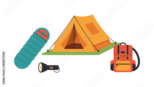 Camping essentials: tent, sleeping bag, backpack, flashlight