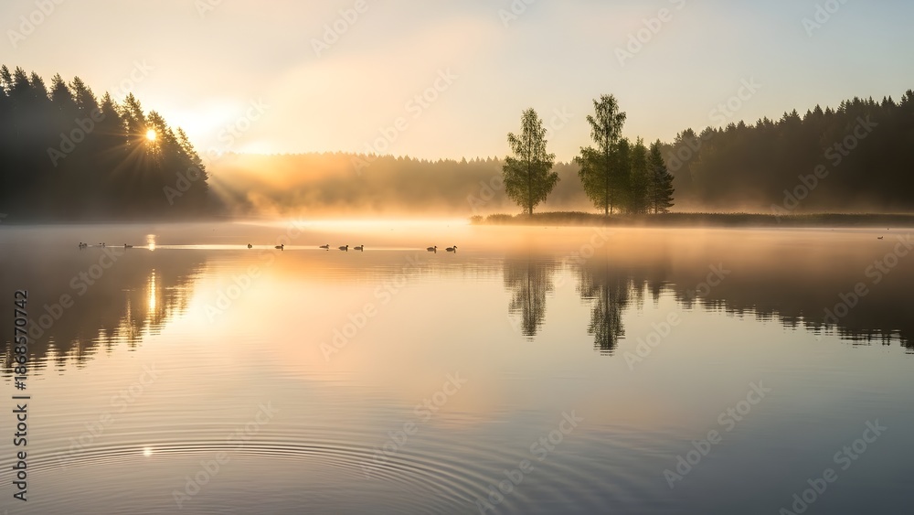 Fototapeta premium Serene Lake Landscape at Sunrise with Misty Fog and Soft Golden Lighting on Calm Water for Nature Photography