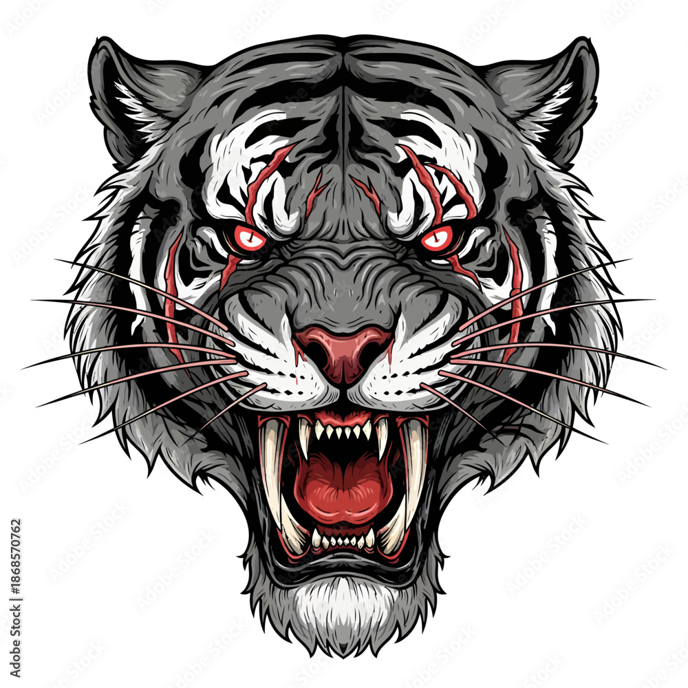 Fototapeta premium Ferocious snarling tiger head close up illustration.