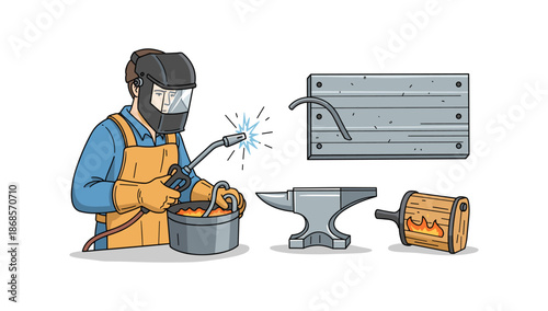 Blacksmith at work: welding and metal forging scene with anvil and tools