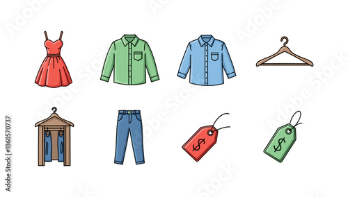 Colorful apparel and shopping icons: dresses, shirts, tags, hanger in flat style
