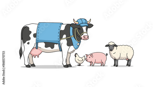 Farm animals in casual attire: cow, pig, sheep, and chicken in lighthearted cartoon style