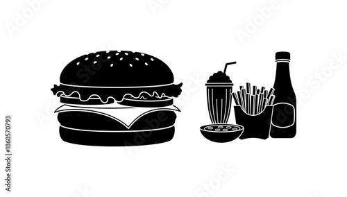 Silhouette fast food icons: burger, fries, sauce, drink, and beverage on white background