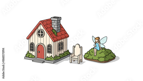 Charming fairy tale cottage with garden fairy in whimsical cartoon style