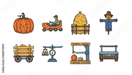 Autumn harvest festival icons: pumpkin, scarecrow, haystack, and more