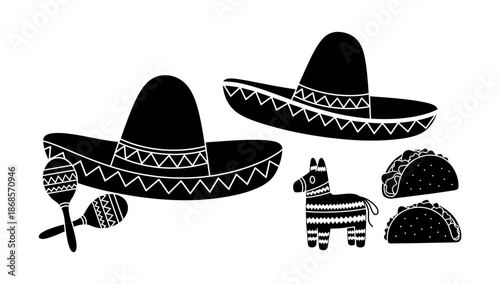 Mexican fiesta elements: sombreros, pinata, tacos, and maracas in simple silhouette