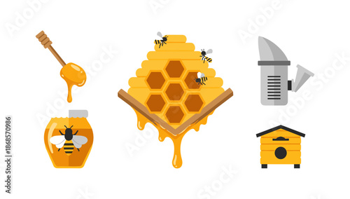 Beekeeping essentials: honeycomb, bees, and tools in flat design