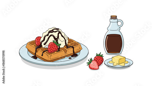 Delicious breakfast waffles with strawberries, cream, and syrup in flat design