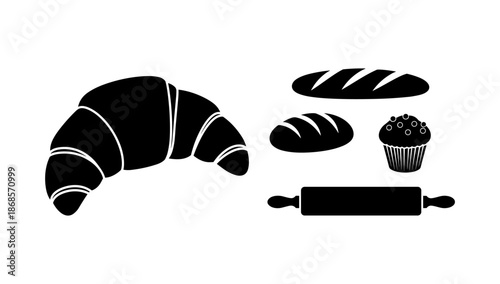 Silhouette of bakery items including croissant, bread, and rolling pin